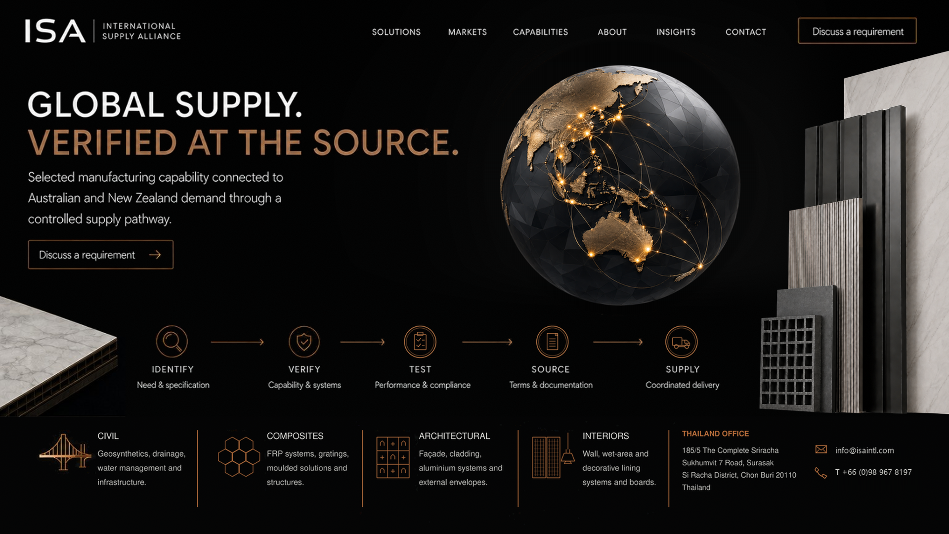 ISA International Supply Alliance desktop webpage showing the approved headline, globe, products, supply pathway, capability categories and Thailand office contact details.