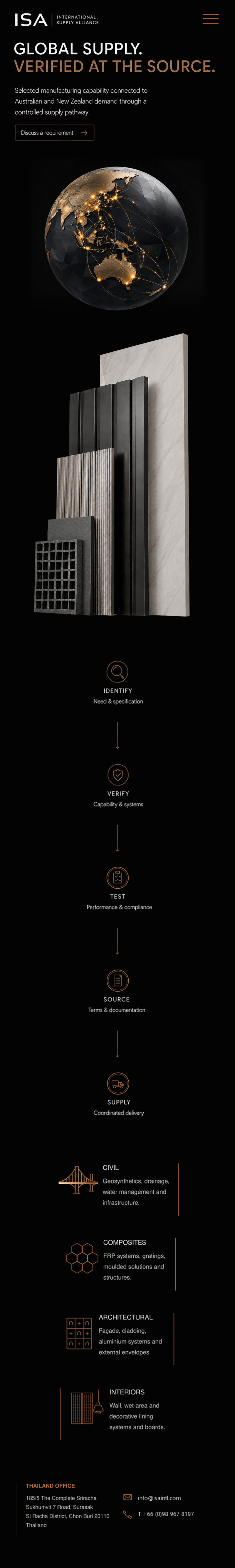 ISA International Supply Alliance mobile webpage showing the approved headline, globe, products, five-stage supply pathway, capability categories and Thailand office contact details.